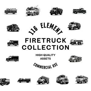 May include: A collection of 116 black and white illustrations of fire trucks. The illustrations are in various styles and depict different types of fire trucks, including ladder trucks, pumpers, and rescue trucks. The text "116 Element Firetruck Collection High Quality Assets Commercial Use" is displayed below the illustrations.