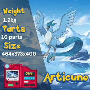 May include: A blue and white illustration of Articuno, a Pokémon, with outstretched wings and a long, flowing tail. The image includes text indicating the weight, parts, and size of the figure, along with a red handheld device.