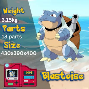 May include: A cartoon Blastoise character in blue and brown, with a white shell and two cannons. The image includes text detailing the character's weight, size, and number of parts. A red handheld game console is also shown.