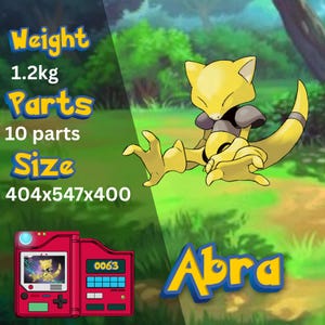 Könnte beinhalten: Eine gelbe Abra-Figur mit langem Schwanz und einem rot-schwarzen Handheld-Gerät. Die Figur ist vor einem grünen Hintergrund mit dem Wort "Abra" in Gelb und Blau platziert. Das Bild enthält auch Text, der das Gewicht, die Teile und die Größe der Figur angibt.