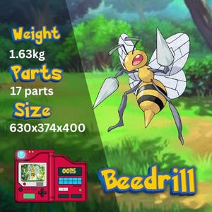 Puede incluir: Ilustración digital de Beedrill, criatura insectoide amarilla y negra con dos aguijones y alas blancas. La imagen incluye texto que indica el peso es 1,63 kg, 17 partes y tamaño 630x374x400. También se muestra un dispositivo portátil rojo.