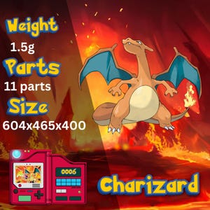 May include: A digital illustration of Charizard, a fiery orange dragon-like creature with blue wings, set against a red and orange background. The image includes text indicating the weight is 1.5g, with 11 parts, and a size of 604x465x400. A red device is also shown.
