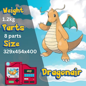 May include: A cartoon illustration of Dragonair, a light orange dragon with teal wings, against a blue sky background. The image includes text indicating the weight is 1.2kg, 8 parts, and size 329x454x400. A red handheld game console is also shown.