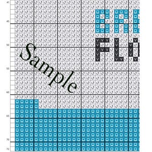 May include: A cross-stitch pattern chart with a blue and white design. The chart is numbered and includes a key for the colors.