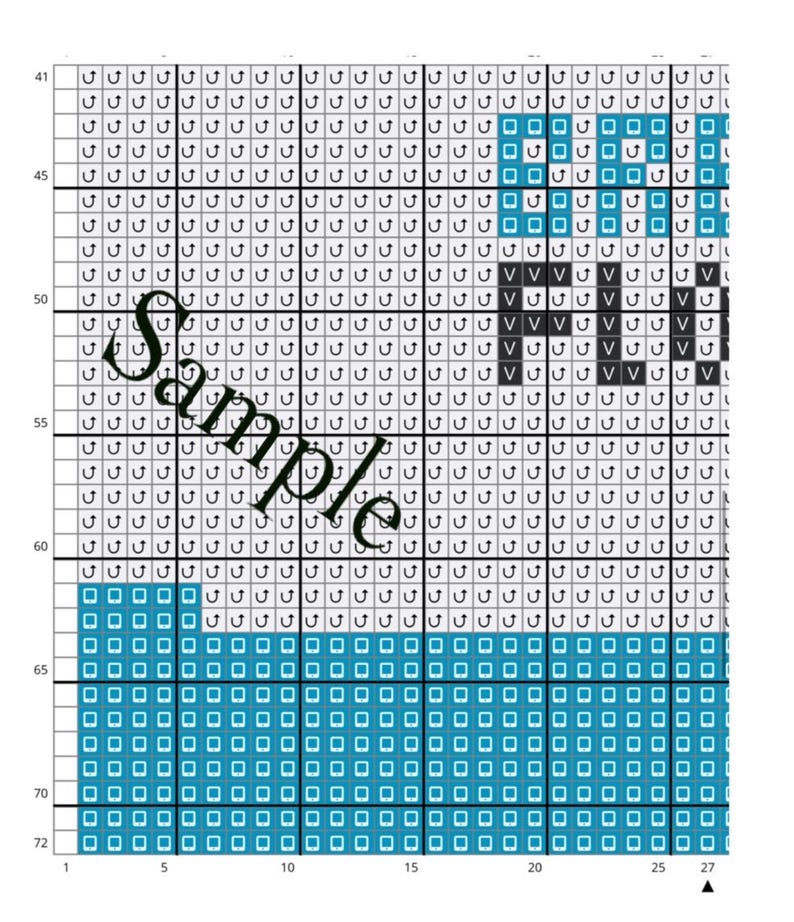 May include: A cross-stitch pattern chart with a blue and white design. The chart is numbered and includes a key for the colors.