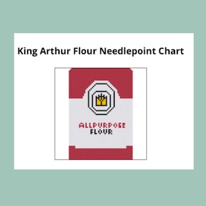 May include: Needlepoint chart featuring a pixelated design of a King Arthur Flour bag. The bag is primarily red with a white central panel. The text "ALLPURPOSE FLOUR" is displayed on the white panel.