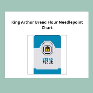 May include: Needlepoint chart of a King Arthur Bread Flour bag. The bag is white with blue trim and a yellow crown logo. The text "BREAD FLOUR" is printed in black.