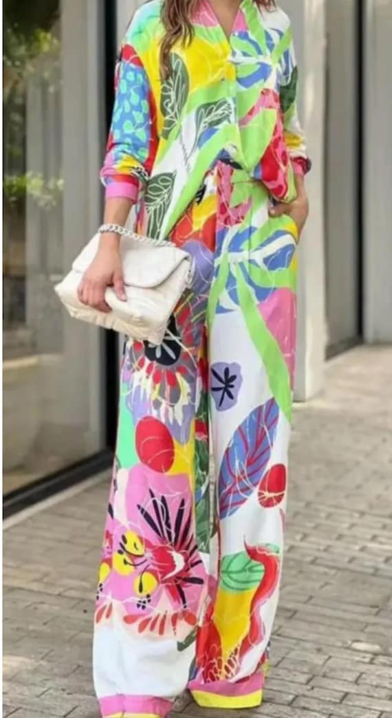 Colorful Floral Two Piece Pants and Button Shirt