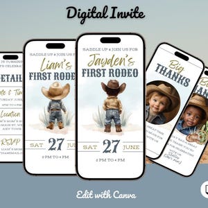 First Rodeo Digital Birthday Invitation Template, 1st Birthday Animated Invite, Cowboy Evite, Customize in Canva, Send Via Text or Email