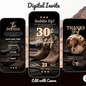 Modello di invito digitale per il 30° compleanno di un cowboy, invito per festa in maschera, volantino per festa western, modificabile in Canva, inviabile tramite SMS o e-mail