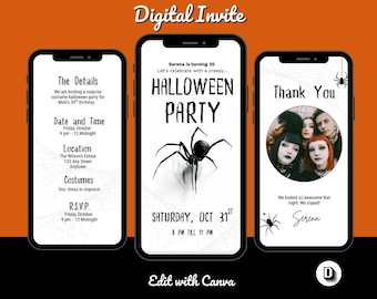 Creepy Spider Animated Halloween Party Invitation Template: Goth Party, Editable in Canva