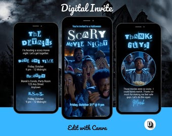 Scary Movie Night Invitation Template, Animated Evite, Editable in Canva