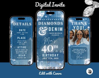 Invitación de cumpleaños con diamantes y mezclilla: Plantilla editable de Canva
