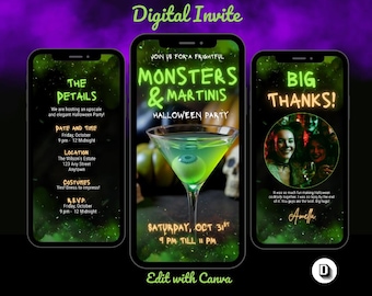Monsters and Martinis Animated Halloween Party Invitation Template: Costumes & Cocktails, Editable in Canva
