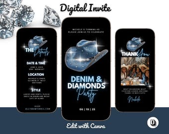 Invitación de cumpleaños con diseño de mezclilla y diamantes: Editar en Canva