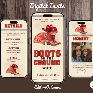 Digital Boots on the Ground Party Invitation Template, Western Birthday Invite, Line dance party, Editable in Canva, Send Via Text or Email