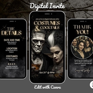 May include: Three smartphones displaying a Halloween digital invite. The central phone shows Frankenstein and his bride, with the text "Costumes & Cocktails." Other screens show event details and a thank you message.