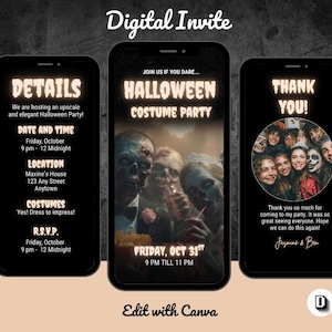 May include: Digital invitation for a Halloween Costume Party. The invitation is displayed on three smartphones. The first phone shows party details, the second phone shows the party theme, and the third phone shows a thank you message.