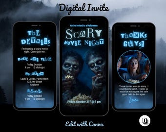 Scary Halloween Movie Night Party Invitation Template: Zombie Animated Evite, Editable in Canva