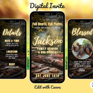 May include: Digital invitation design featuring three smartphone screens. The screens display details for a family reunion and BBQ cookout, including date, time, location, and RSVP information. The design includes the text "Digital Invite" and "Edit with Canva."