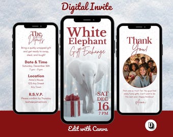 Puede incluir: Invitación digital para un intercambio de regalos de elefante blanco. El diseño presenta tres teléfonos inteligentes que muestran los detalles del evento, incluida la fecha, la hora y el lugar. El teléfono central muestra un elefante blanco y el texto "White Elephant Gift Exchange."