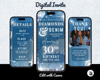 Plantilla de invitación de cumpleaños con diamantes y mezclilla: editable en Canva