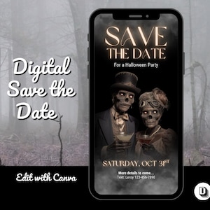 Modèle d'invitation animé pour une soirée d'Halloween sur le thème des zombies : costumes et cocktails, modifiable sur Canva