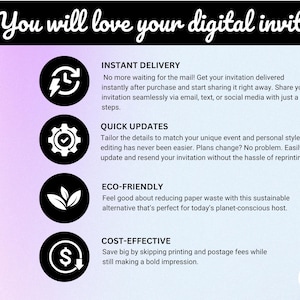 May include: Graphic with the text "You will love your digital invite." Features include instant delivery, quick updates, eco-friendly design, and cost-effectiveness. Icons represent each feature, with a lightning bolt, checkmark, leaves, and dollar sign.