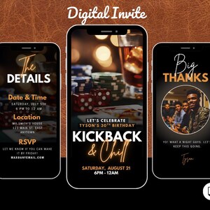 Op de afbeelding: Digitaal uitnodigingsontwerp op drie smartphones. De centrale telefoon toont een casinoscène met dobbelstenen, pokerchips en een drankje. Tekst bevat "Kickback & Chill" en evenementdetails. Andere telefoons tonen evenementdetails en een bedankbericht.