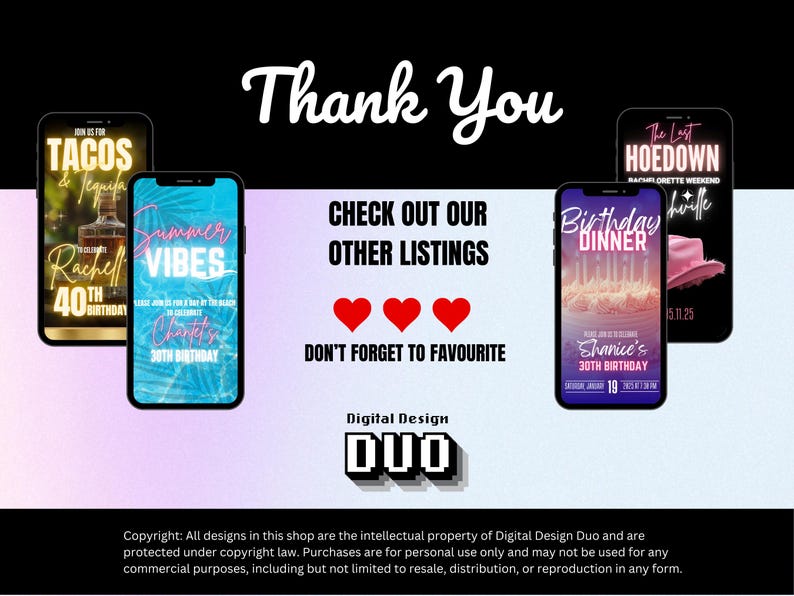 May include: Digital design featuring four smartphones displaying party invitations. The invitations include themes like tacos and tequila, summer vibes, a birthday dinner, and a bachelorette weekend. The text "Thank You" is at the top.