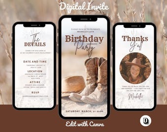 Cowboy Western 30th Birthday Invitation: Adult Rodeo Party Flyer, Editable in Canva