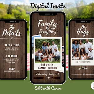 May include: Digital invite displayed on three smartphones. The screens feature text and family photos against a wood grain background. The text includes details for a family reunion, such as date, time, location, and RSVP information.