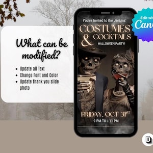 May include: A smartphone displays a Halloween party invitation. The invitation features a skeletal couple with cocktails, the text "COSTUMES & COCKTAILS HALLOWEEN PARTY!" and the date "FRIDAY, OCT 31ST". The phone is set against a blurred, autumnal background.