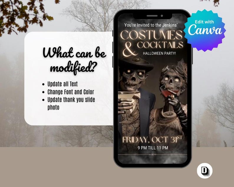 May include: A smartphone displays a Halloween party invitation. The invitation features a skeletal couple with cocktails, the text "COSTUMES & COCKTAILS HALLOWEEN PARTY!" and the date "FRIDAY, OCT 31ST". The phone is set against a blurred, autumnal background.