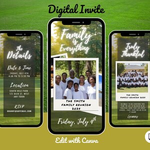 May include: Digital invitation design featuring three smartphones. The central phone displays a family photo with the text "Family is Everything." Other phones show event details and a group photo. The invitation is for The Smith Family Reunion 2025.