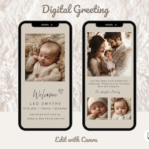 Plantilla digital para anuncio de nacimiento, invitación animada de bienvenida, anuncio de nacimiento de recién nacido, personalizable en Canva, envío por mensaje de texto o correo electrónico.