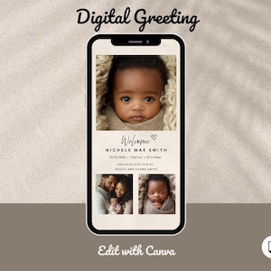 Modèle numérique photo pour faire-part de naissance, remerciement pour une fête prénatale, invitation animée de carte de naissance, personnaliser sur Canva, envoyer par SMS ou par email