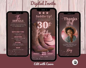 Pink Cowboy 30th Birthday Invitation Template | Western Cowgirl Birthday Invite | Editable in Canva