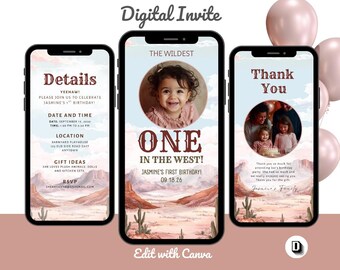 Western First Birthday Invitation: Wildest One In the West invite, Editable in Canva