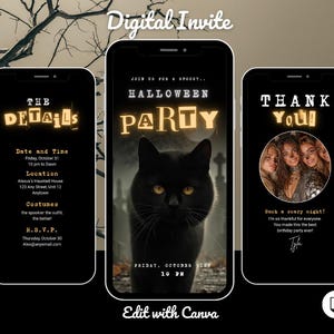 May include: Digital Halloween party invitation displayed on three smartphones. The central phone features a black cat with glowing eyes. Other phones show party details and a thank you message. Text includes "Halloween Party" and "Digital Invite."
