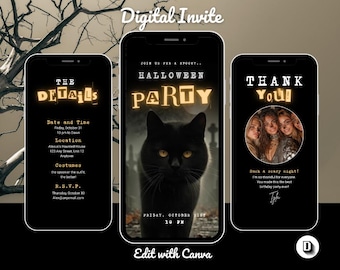 Black Cat Halloween Party Video Invitation Template, Editable in Canva