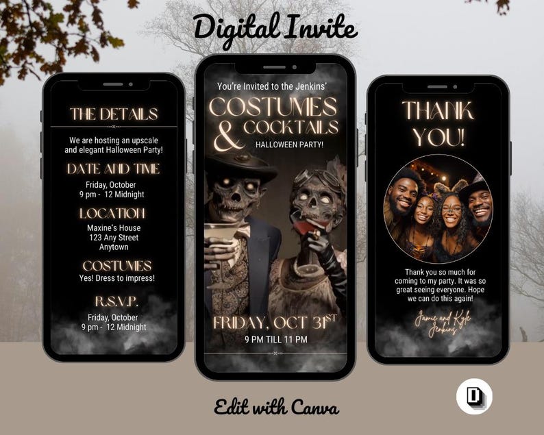 May include: Digital Halloween party invitation on three smartphones. The invitation includes details, date, time, location, and RSVP information. The center phone displays "Costumes & Cocktails" with skeleton illustrations. The right phone says "Thank You!"