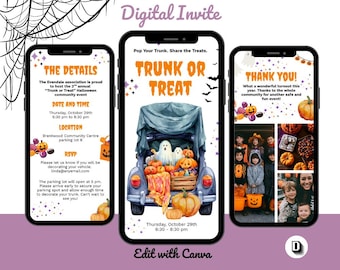 Trunk or Treat Halloween Party Invitation Template: Costumes & Candy, Editable in Canva
