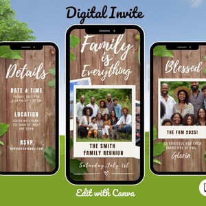 May include: Digital invite displayed on three smartphones. The invites feature family reunion details, including date, time, and location. The central phone displays "Family is Everything" with a family photo. The other phones say "Details" and "Blessed".