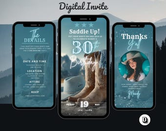 Blue Cowboy 30th Birthday Invitation Template | Western Cowgirl Birthday Invite | Editable in Canva
