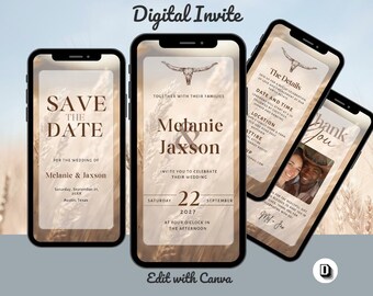 Western Wedding Invitation Template: Pampas Grass Wedding Invite , Editable in Canva