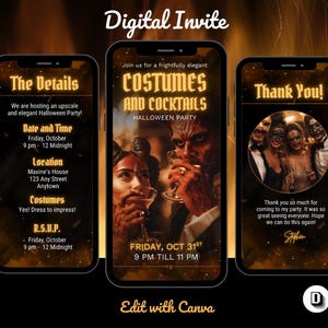 May include: Digital Halloween party invitation displayed on three smartphones. The first phone shows party details, the second displays "Costumes and Cocktails" with a spooky image, and the third says "Thank You!" with a group photo. The invitation is edited with Canva.