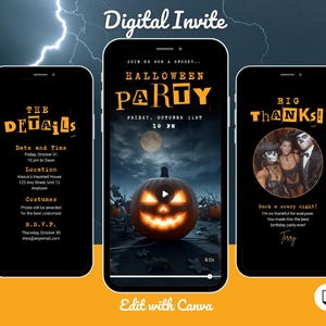 Può includere: Un invito digitale per una festa di Halloween visualizzato su tre smartphone. L'invito presenta una zucca luminosa, i dettagli della festa e un messaggio di ringraziamento. Il testo include "Digital Invite", "Halloween Party" e "Edit with Canva".