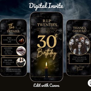 May include: A digital invitation for a 30th birthday party with a gothic theme. The invitation features a black background with gold accents and skulls. The text reads "R.I.P. Twenties" and "30th Birthday".