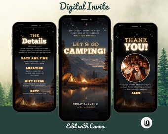Camping Party Invitation: Birthday Invite, Editable Canva Template (Digital Download)